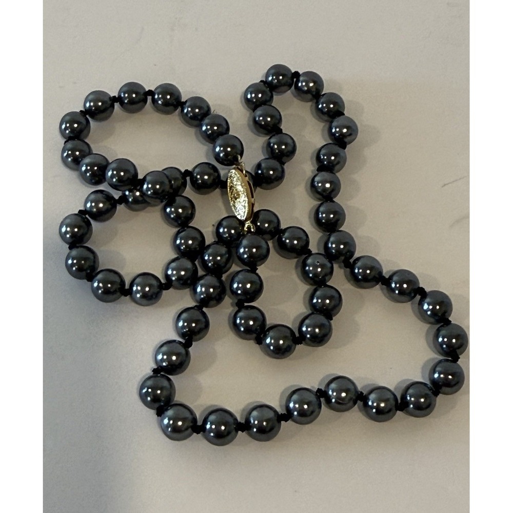 Vintage Hand Knotted Gray Faux Pearl 20" Strand Necklace Gold Filigree Clasp